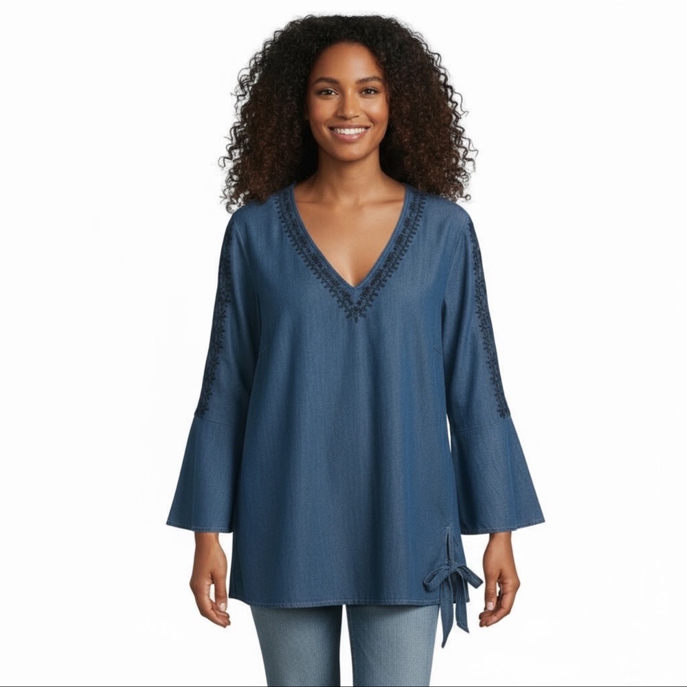 New Direction Embroidered V-Neck 3/4 Bell Sleeve Top Soft Blue Jean Material NWT